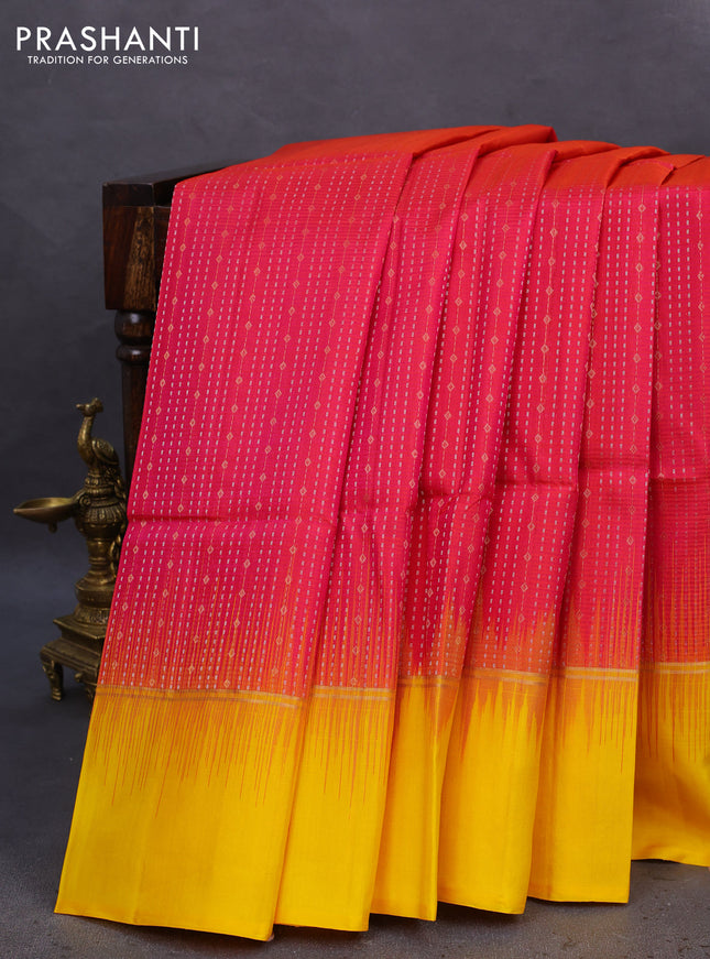 Pure soft silk saree pink and yellow with allover silver & gold zari weaves and zari woven simple border