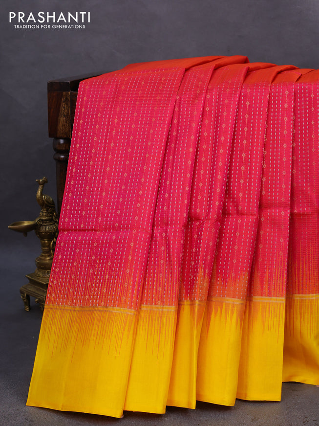 Pure soft silk saree pink and yellow with allover silver & gold zari weaves and zari woven simple border