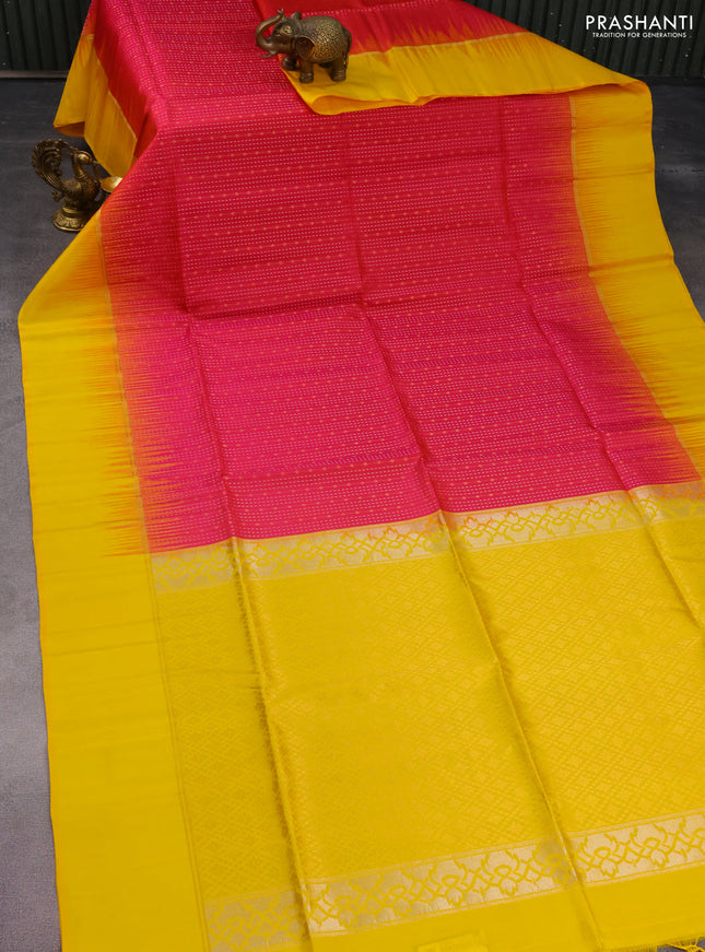 Pure soft silk saree pink and yellow with allover silver & gold zari weaves and zari woven simple border