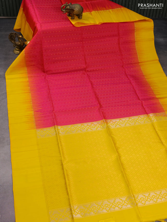 Pure soft silk saree pink and yellow with allover silver & gold zari weaves and zari woven simple border
