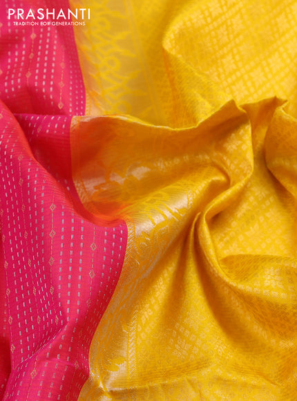 Pure soft silk saree pink and yellow with allover silver & gold zari weaves and zari woven simple border