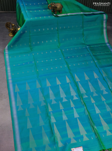 Pure soft silk saree dual shade of teal bluish green with silver zari woven buttas and silver zari woven border