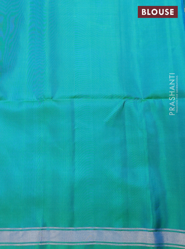 Pure soft silk saree dual shade of teal bluish green with silver zari woven buttas and silver zari woven border