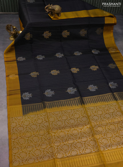 Pure soft silk saree black and mustard yellow with allover zari weaves & buttas and zari woven butta border