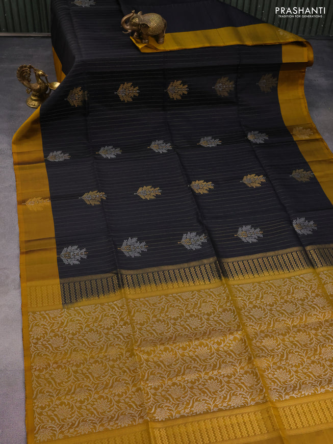 Pure soft silk saree black and mustard yellow with allover zari weaves & buttas and zari woven butta border