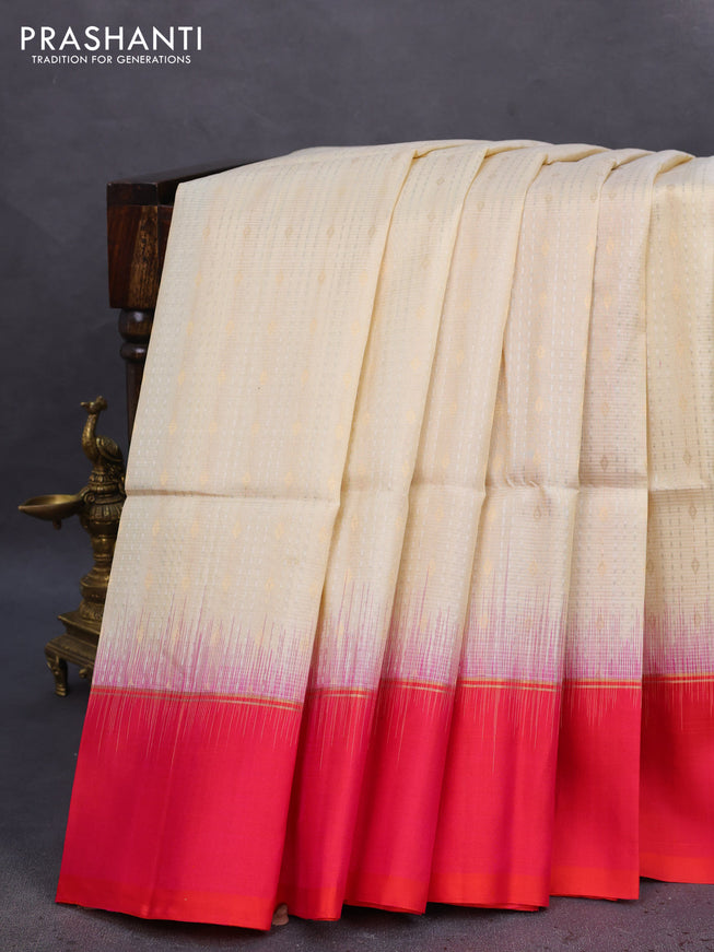 Pure soft silk saree cream and pink with allover silver & gold zari weaves and zari woven simple border