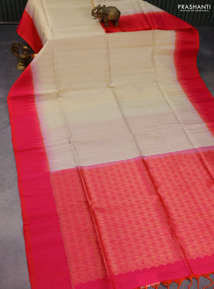 Pure soft silk saree cream and pink with allover silver & gold zari weaves and zari woven simple border