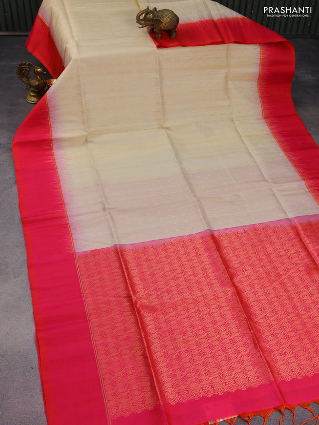 Pure soft silk saree cream and pink with allover silver & gold zari weaves and zari woven simple border