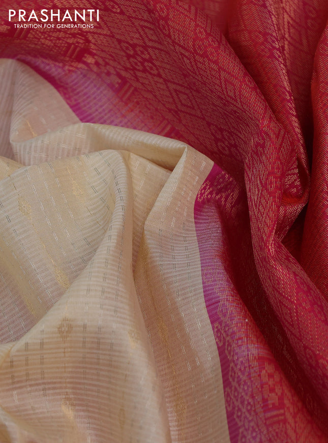 Pure soft silk saree cream and pink with allover silver & gold zari weaves and zari woven simple border