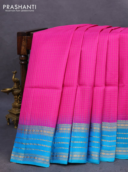 Pure soft silk saree magenta pink and dual shade of bluish green with allover zari woven checked pattern and zari woven border
