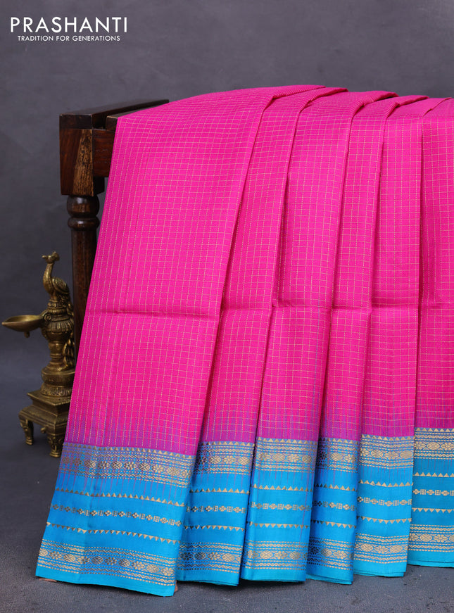 Pure soft silk saree magenta pink and dual shade of bluish green with allover zari woven checked pattern and zari woven border