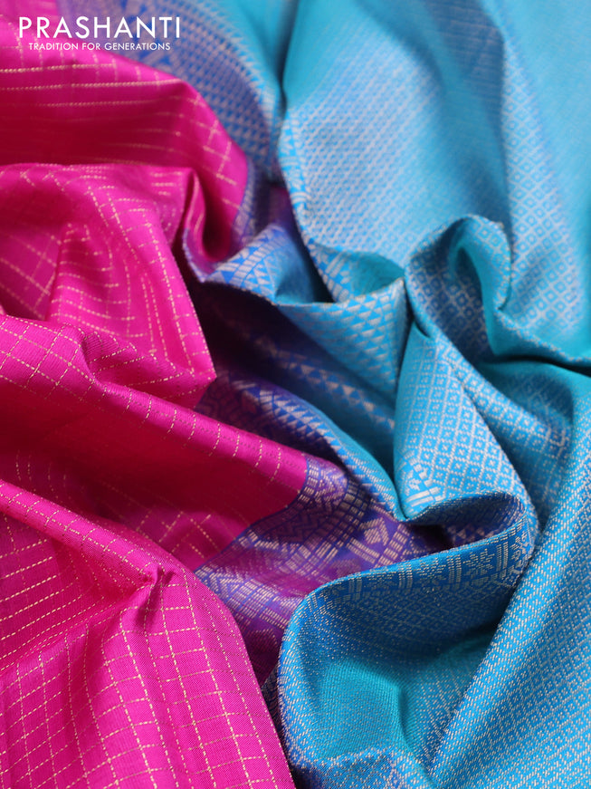 Pure soft silk saree magenta pink and dual shade of bluish green with allover zari woven checked pattern and zari woven border