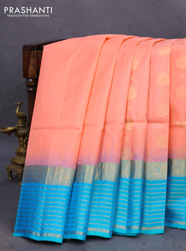 Pure soft silk saree peach orange and dual shade of bluish green with allover zari woven buttas and zari woven border