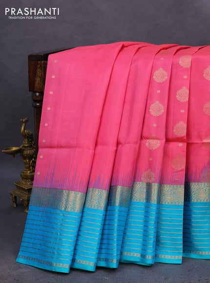 Pure soft silk saree peach pink and dual shade of teal bluish green with allover zari woven buttas and zari woven border