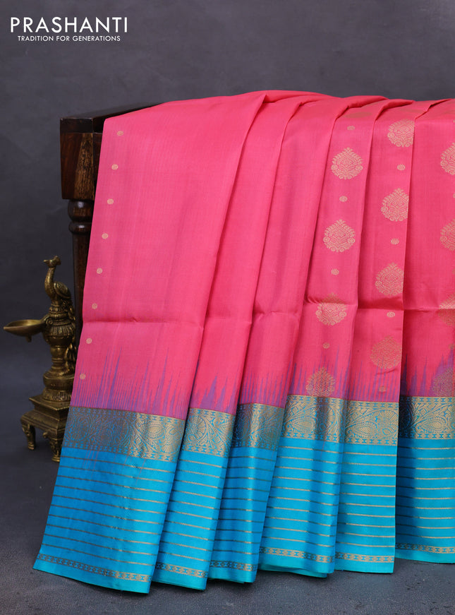 Pure soft silk saree peach pink and dual shade of teal bluish green with allover zari woven buttas and zari woven border