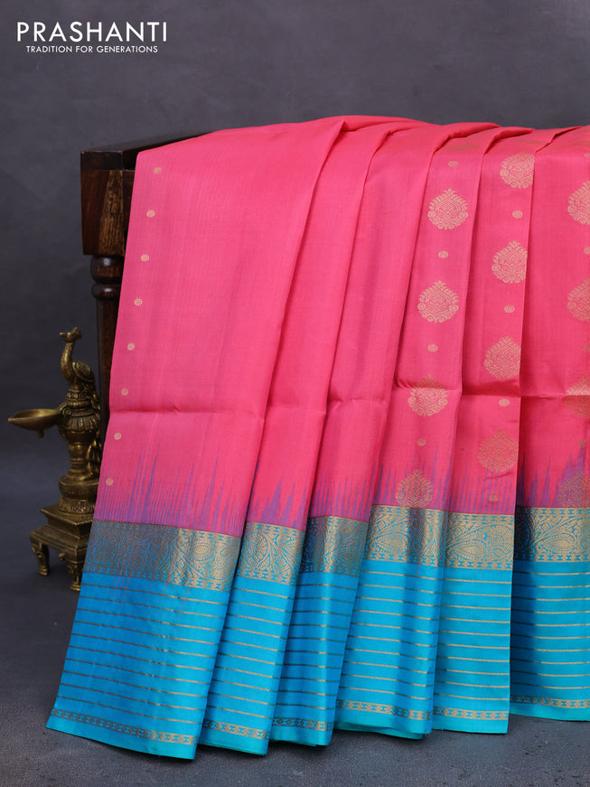 Pure soft silk saree peach pink and dual shade of teal bluish green with allover zari woven buttas and zari woven border