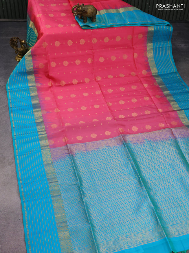 Pure soft silk saree peach pink and dual shade of teal bluish green with allover zari woven buttas and zari woven border