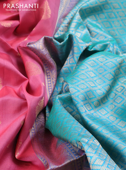 Pure soft silk saree peach pink and dual shade of teal bluish green with allover zari woven buttas and zari woven border