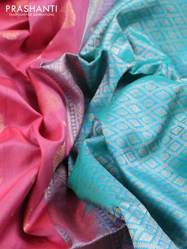 Pure soft silk saree peach pink and dual shade of teal bluish green with allover zari woven buttas and zari woven border
