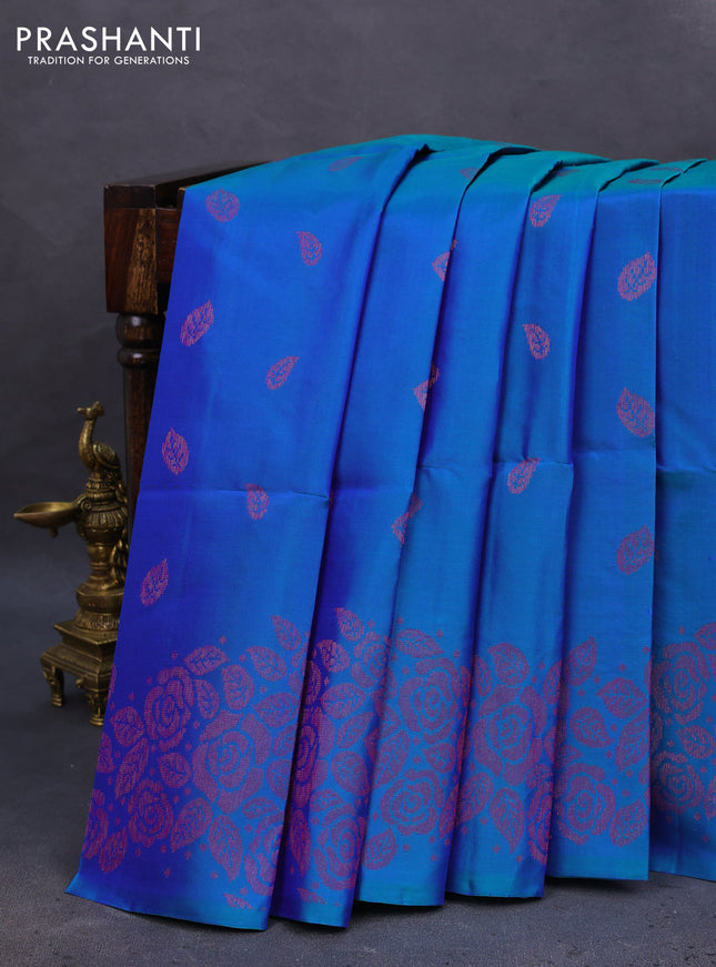 Pure soft silk saree dual shade of bluish green with allover thread & zari woven buttas and thread & zari woven border