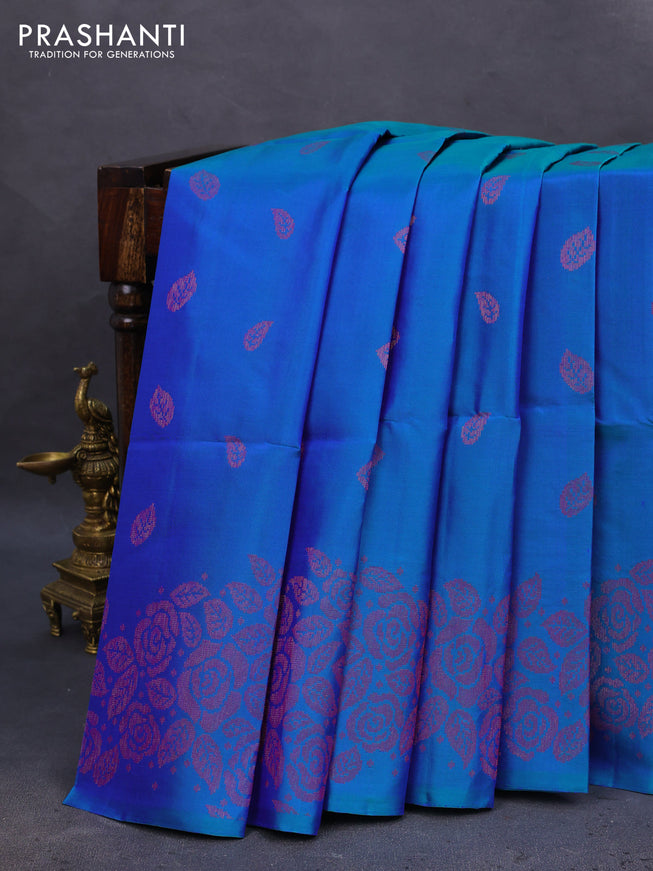 Pure soft silk saree dual shade of bluish green with allover thread & zari woven buttas and thread & zari woven border