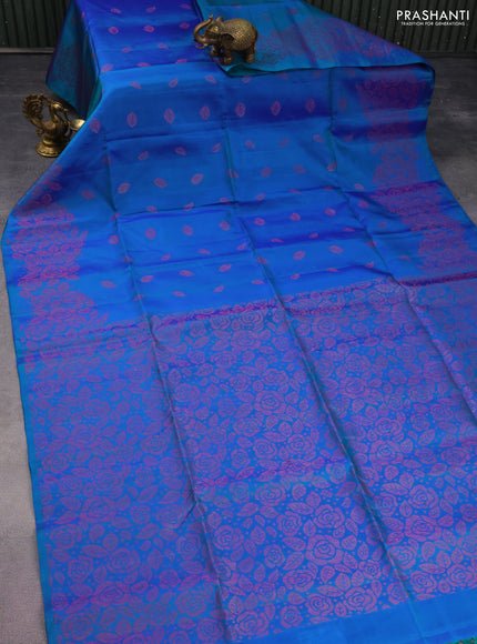 Pure soft silk saree dual shade of bluish green with allover thread & zari woven buttas and thread & zari woven border