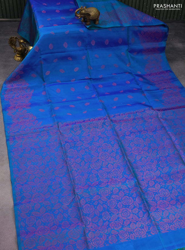 Pure soft silk saree dual shade of bluish green with allover thread & zari woven buttas and thread & zari woven border