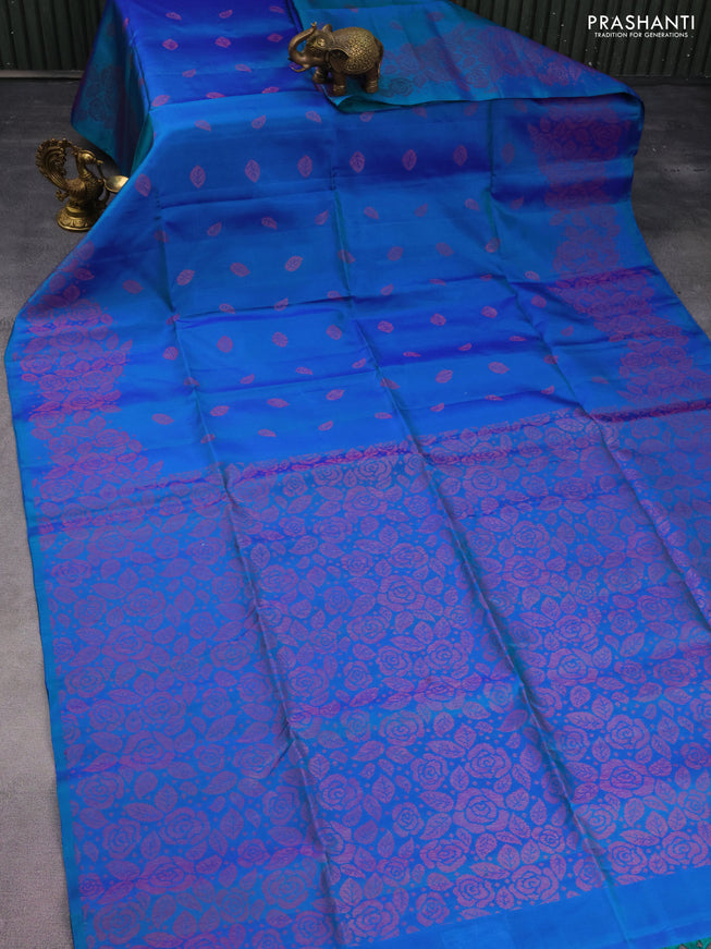 Pure soft silk saree dual shade of bluish green with allover thread & zari woven buttas and thread & zari woven border