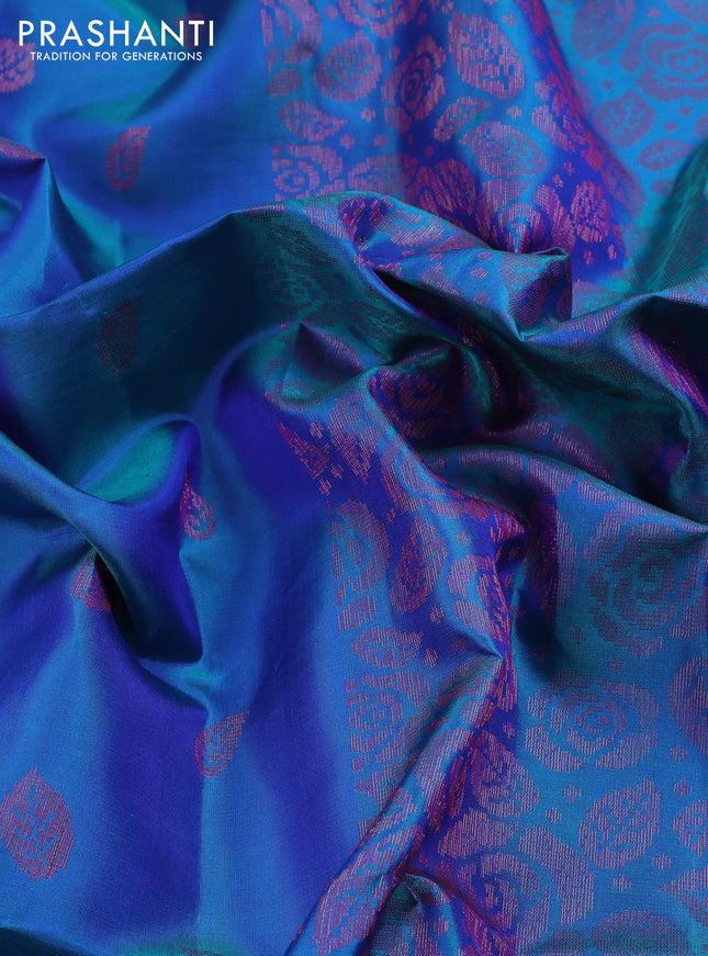 Pure soft silk saree dual shade of bluish green with allover thread & zari woven buttas and thread & zari woven border