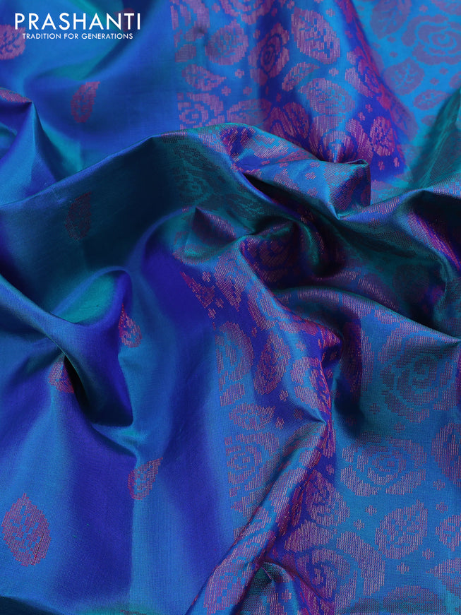 Pure soft silk saree dual shade of bluish green with allover thread & zari woven buttas and thread & zari woven border