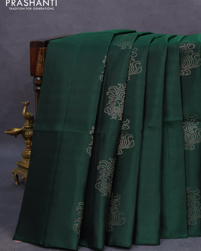 Pure soft silk saree green with zari woven buttas in borderless style