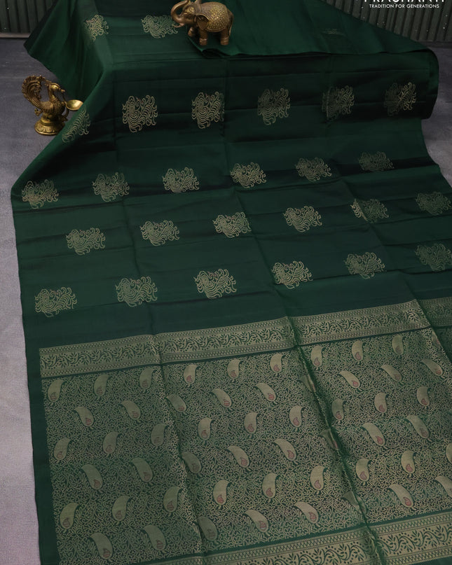 Pure soft silk saree green with zari woven buttas in borderless style