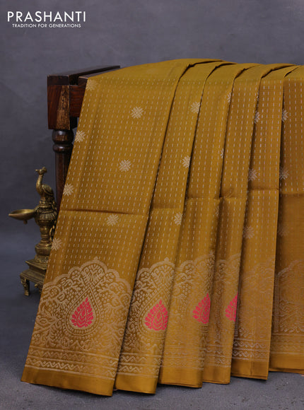 Pure soft silk saree mehendi green with allover zari weaves and rich zari woven border