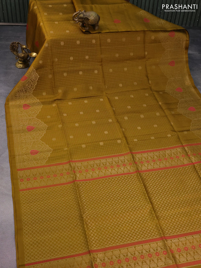 Pure soft silk saree mehendi green with allover zari weaves and rich zari woven border