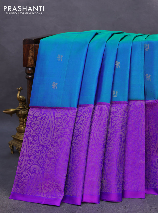 Pure soft silk saree dual shade of bluish green and dual shade of purple with zari woven buttas and long rich zari woven border