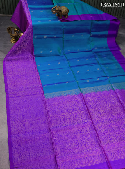 Pure soft silk saree dual shade of bluish green and dual shade of purple with zari woven buttas and long rich zari woven border