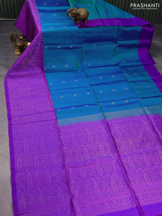 Pure soft silk saree dual shade of bluish green and dual shade of purple with zari woven buttas and long rich zari woven border