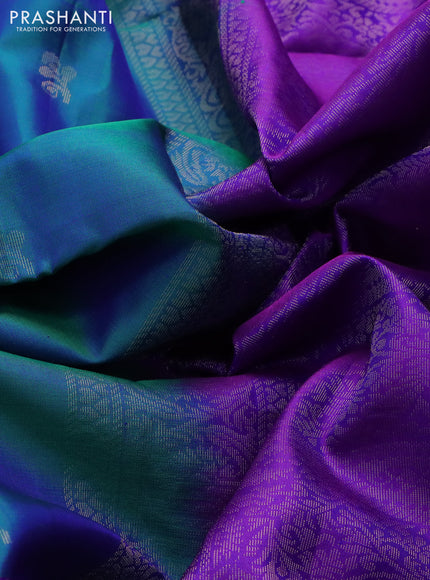 Pure soft silk saree dual shade of bluish green and dual shade of purple with zari woven buttas and long rich zari woven border