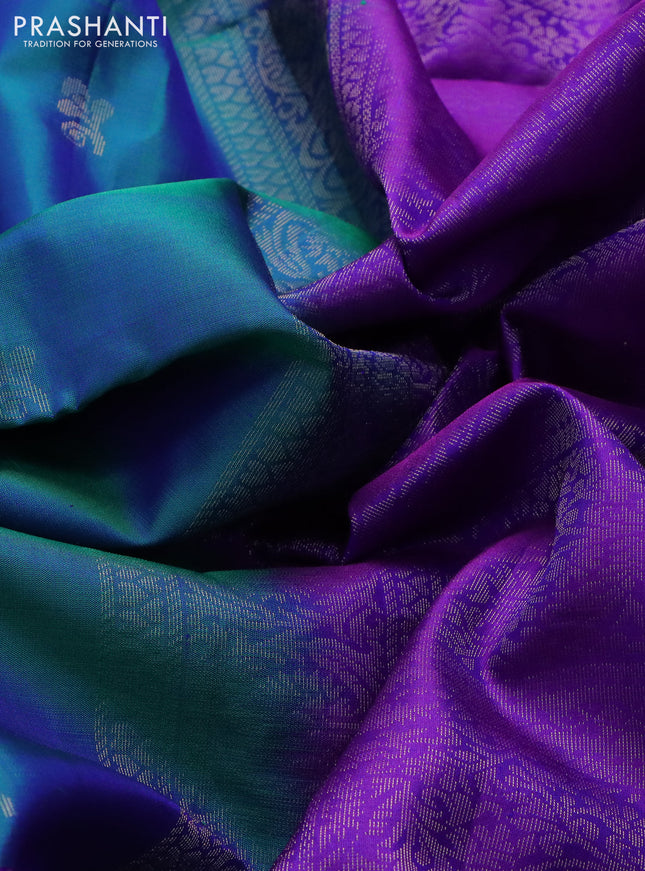 Pure soft silk saree dual shade of bluish green and dual shade of purple with zari woven buttas and long rich zari woven border