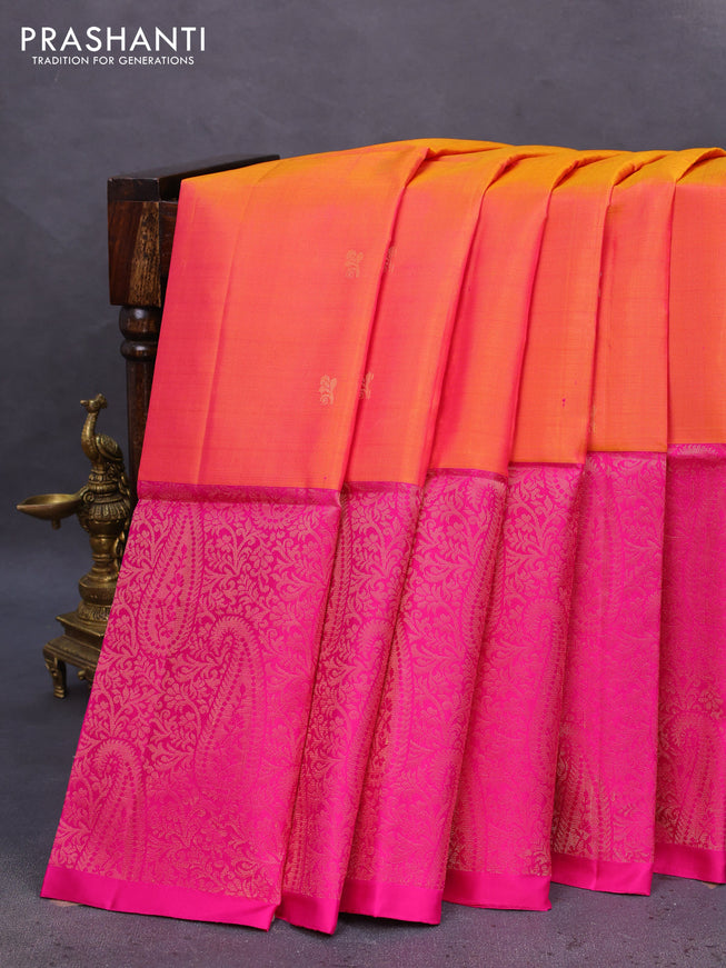 Pure soft silk saree dual shade of pinkish yellow and pink with zari woven buttas and long rich zari woven border