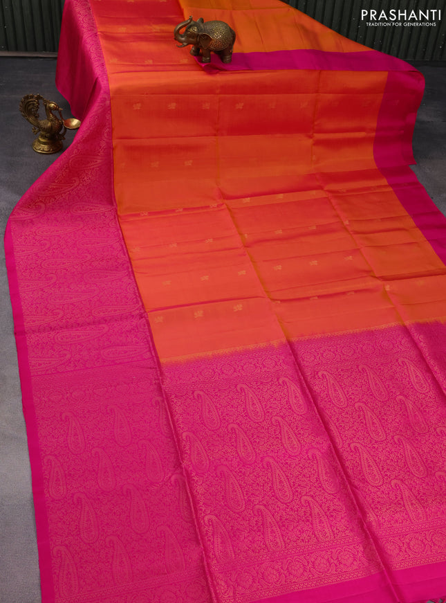 Pure soft silk saree dual shade of pinkish yellow and pink with zari woven buttas and long rich zari woven border