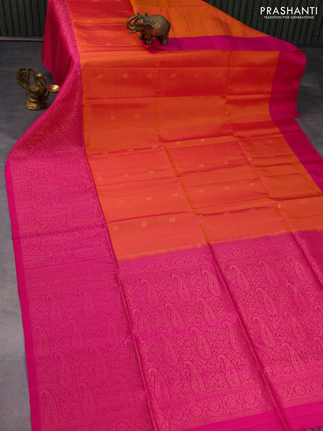 Pure soft silk saree dual shade of pinkish yellow and pink with zari woven buttas and long rich zari woven border