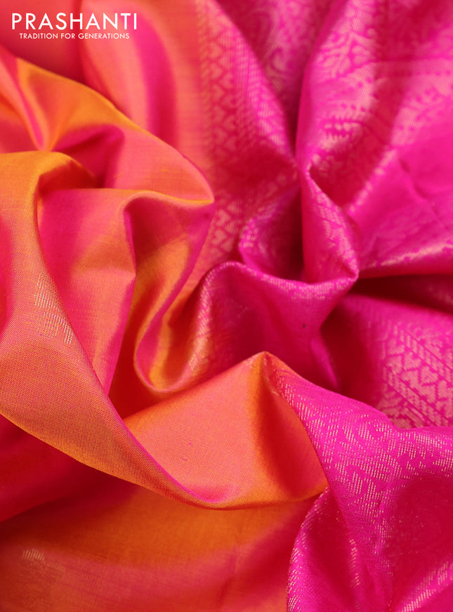 Pure soft silk saree dual shade of pinkish yellow and pink with zari woven buttas and long rich zari woven border