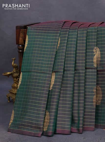Pure soft silk saree dual shade of dark green with allover zari checks & buttas in borderless style