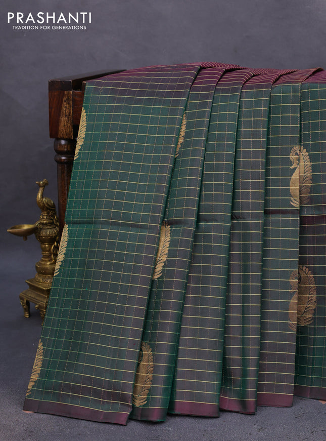 Pure soft silk saree dual shade of dark green with allover zari checks & buttas in borderless style