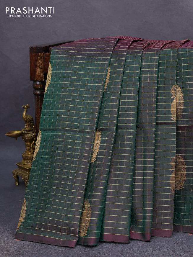 Pure soft silk saree dual shade of dark green with allover zari checks & buttas in borderless style