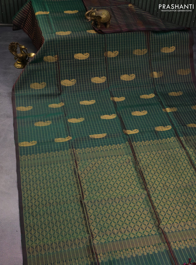 Pure soft silk saree dual shade of dark green with allover zari checks & buttas in borderless style