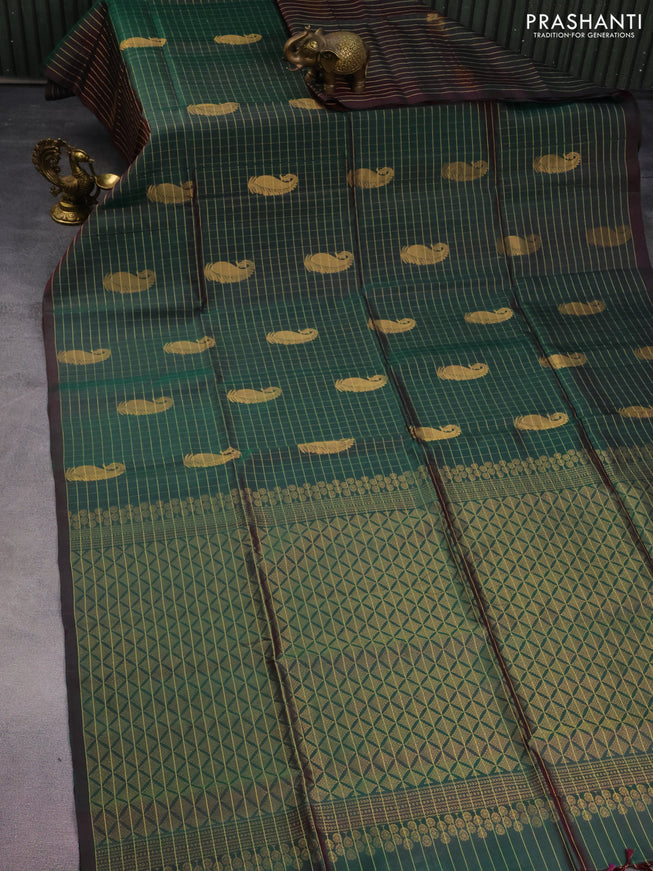 Pure soft silk saree dual shade of dark green with allover zari checks & buttas in borderless style