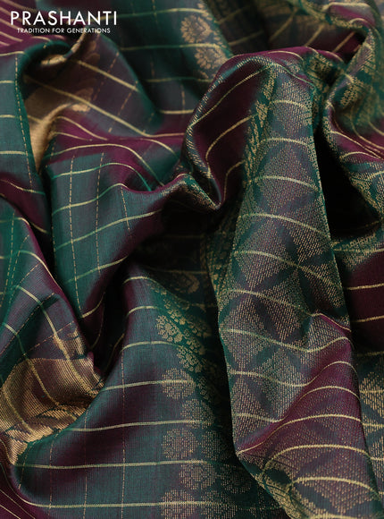 Pure soft silk saree dual shade of dark green with allover zari checks & buttas in borderless style