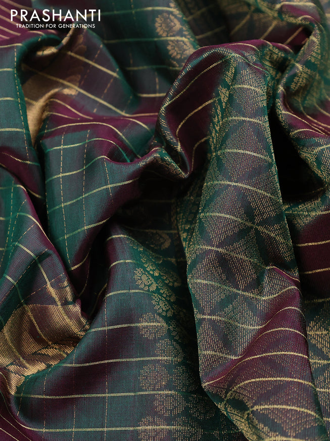 Pure soft silk saree dual shade of dark green with allover zari checks & buttas in borderless style
